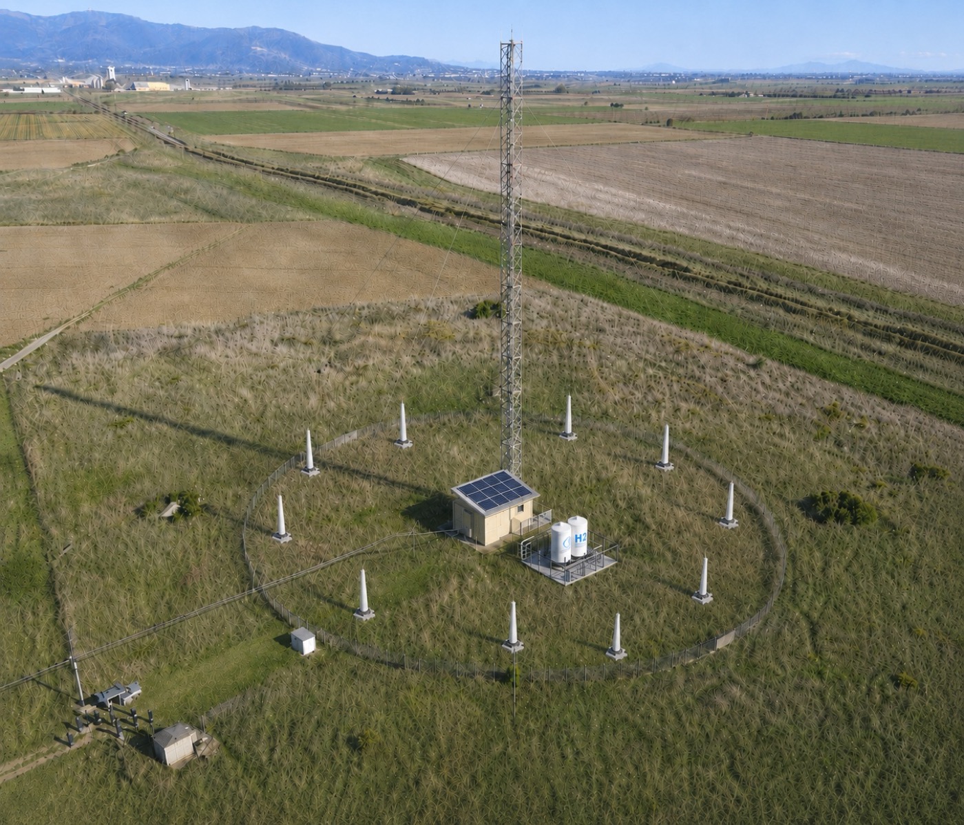 Rendering dell'impianto di Coltano con fotovoltaico, accumulo e mini eolico attorno al traliccio.
