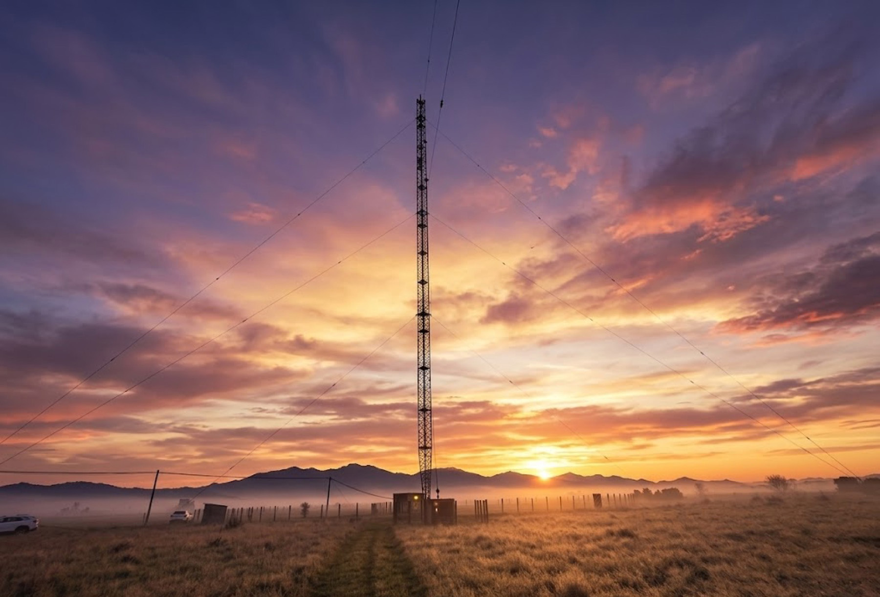 Il traliccio di Coltano al tramonto nella pianura pisana.